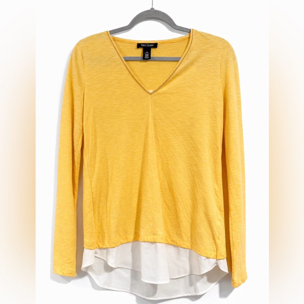 White House Black Market Mustard Yellow V-Neck Long Sleeve Top